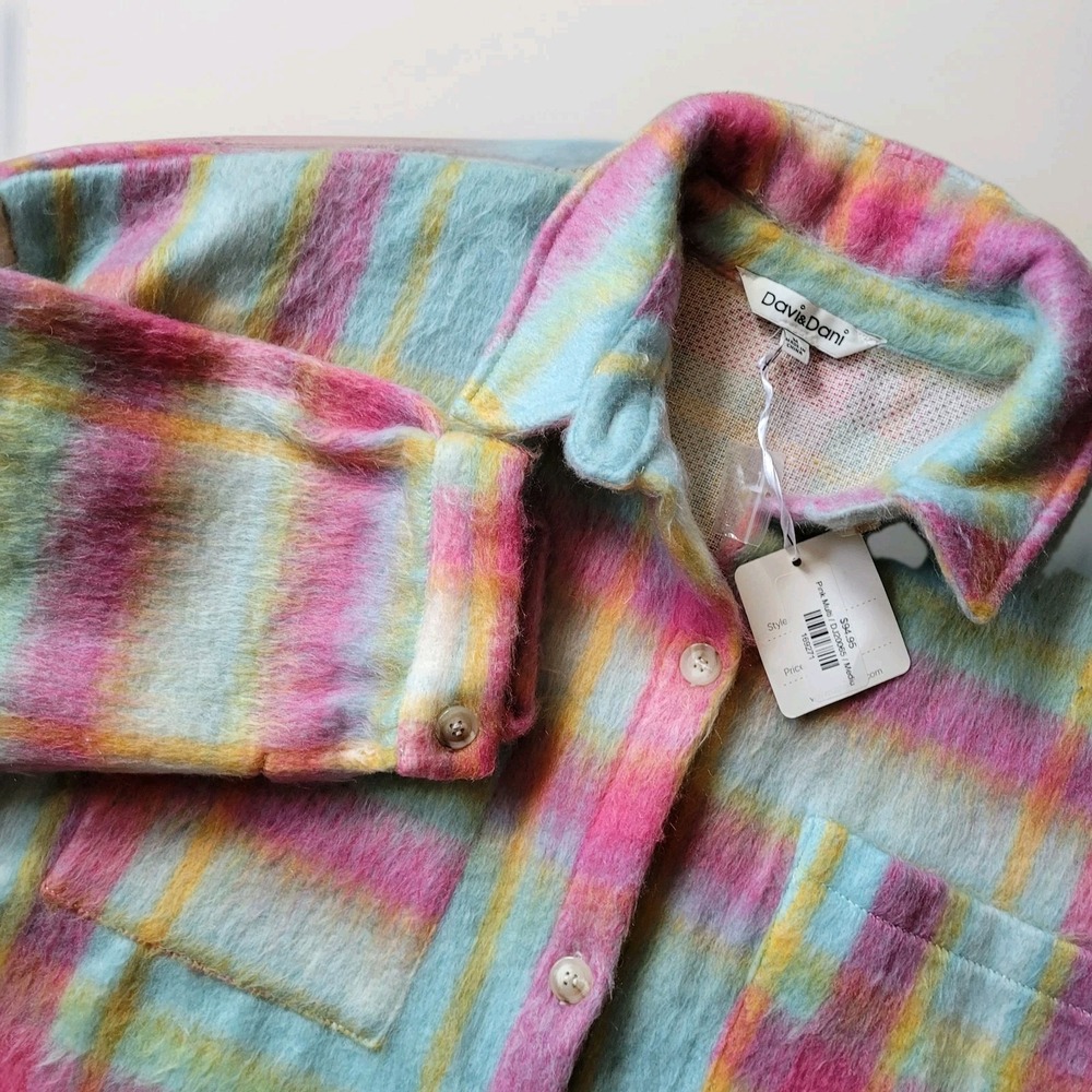 Davi & Dani Womens Oversized Plaid Shacket Jacket Fuzzy Medium Cottage Cabincore